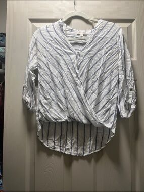 Striped White and Blue Surplice Roll-Tab Blouse